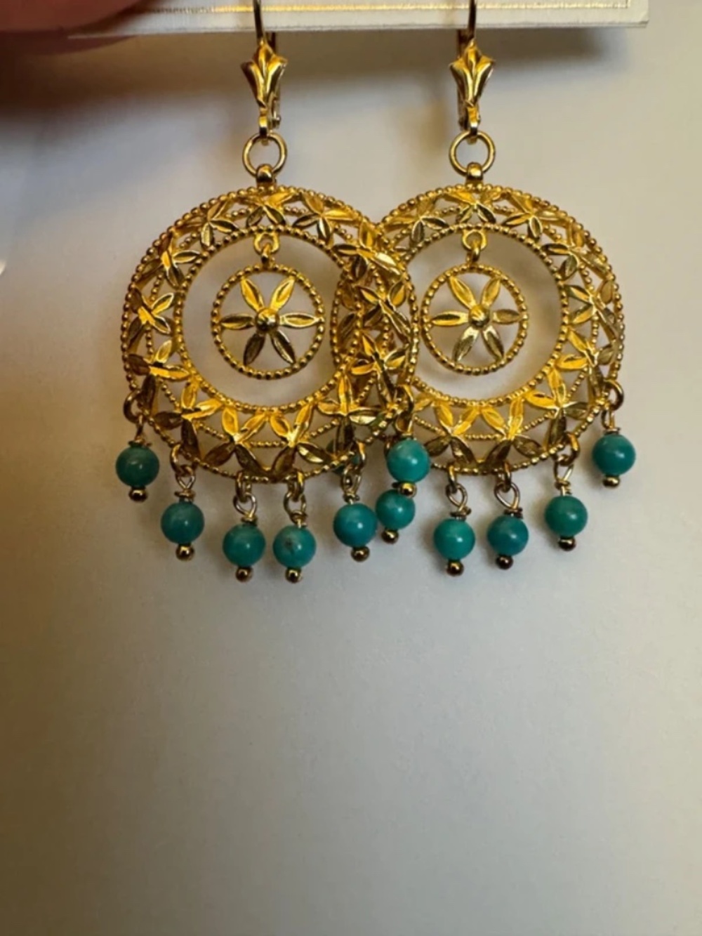 925 Italy Gold Vermeil Turquoise Filigree Chandelier Leverback Earrings